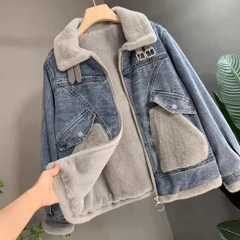Giacca di jeans con cuciture in velluto di visone finto Giacche imbottite in pile da donna Cappotti di jeans larghi Lady Casual Capispalla caldo Autunno Inverno