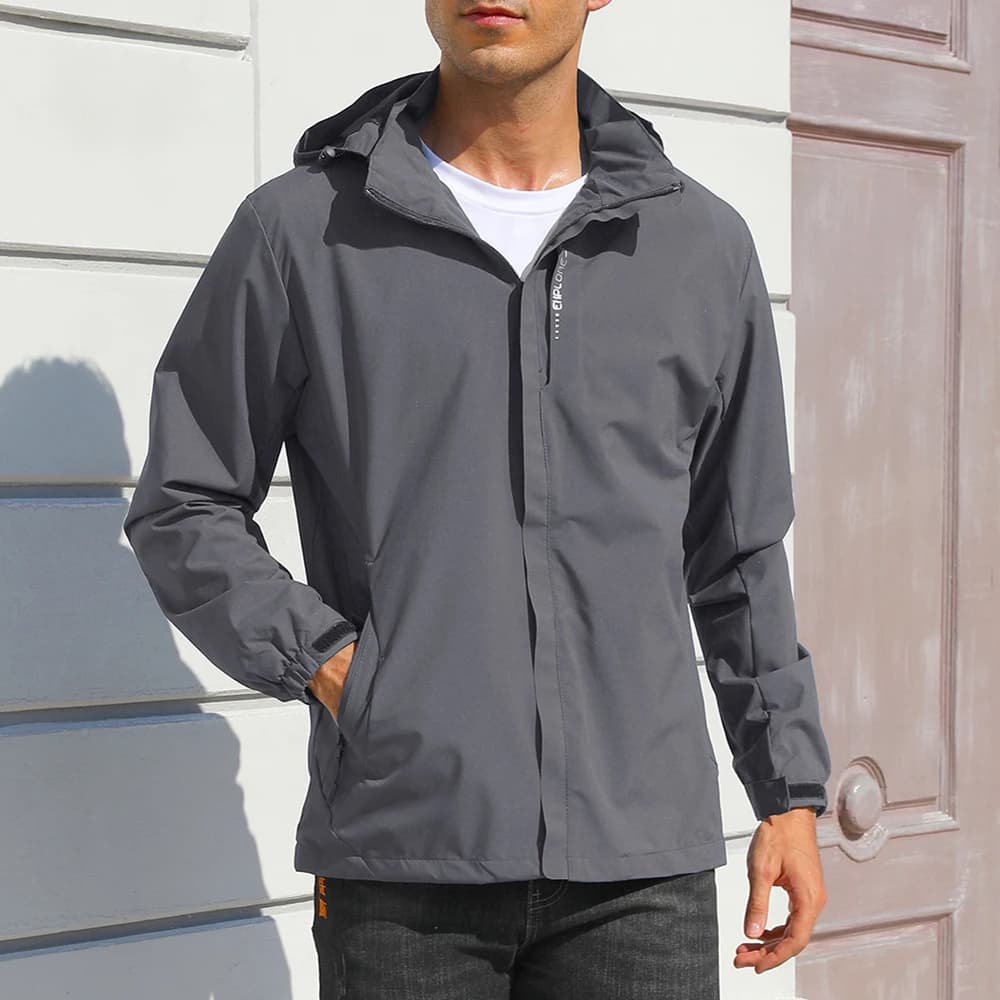 Giacca da uomo con cappuccio da esterno con cerniera giacca casual antivento cappotto arrampicata campeggio escursionismo moda maschile capispalla slim fit