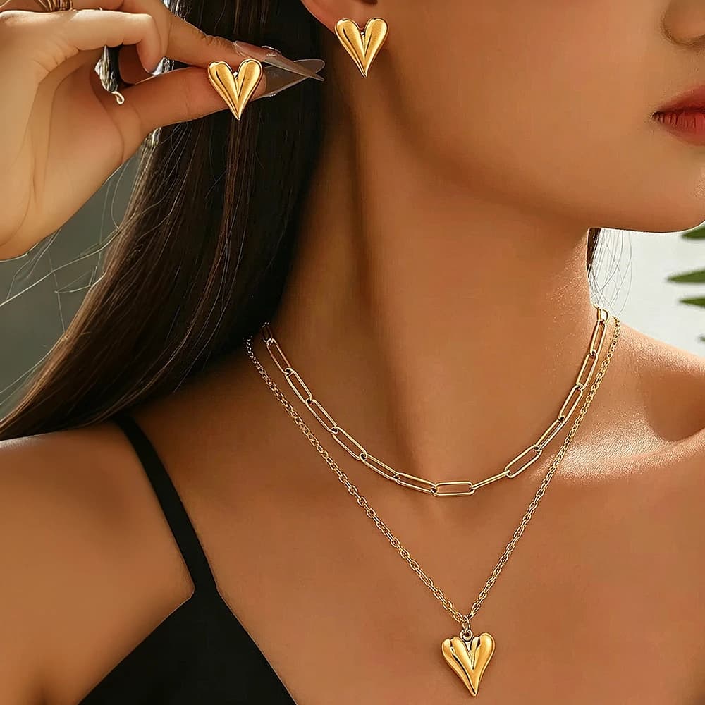 Set di Collana con Ciondolo a Cuore Multistrato in Acciaio Inossidabile e Orecchini per Donna, Gioielli da Matrimonio