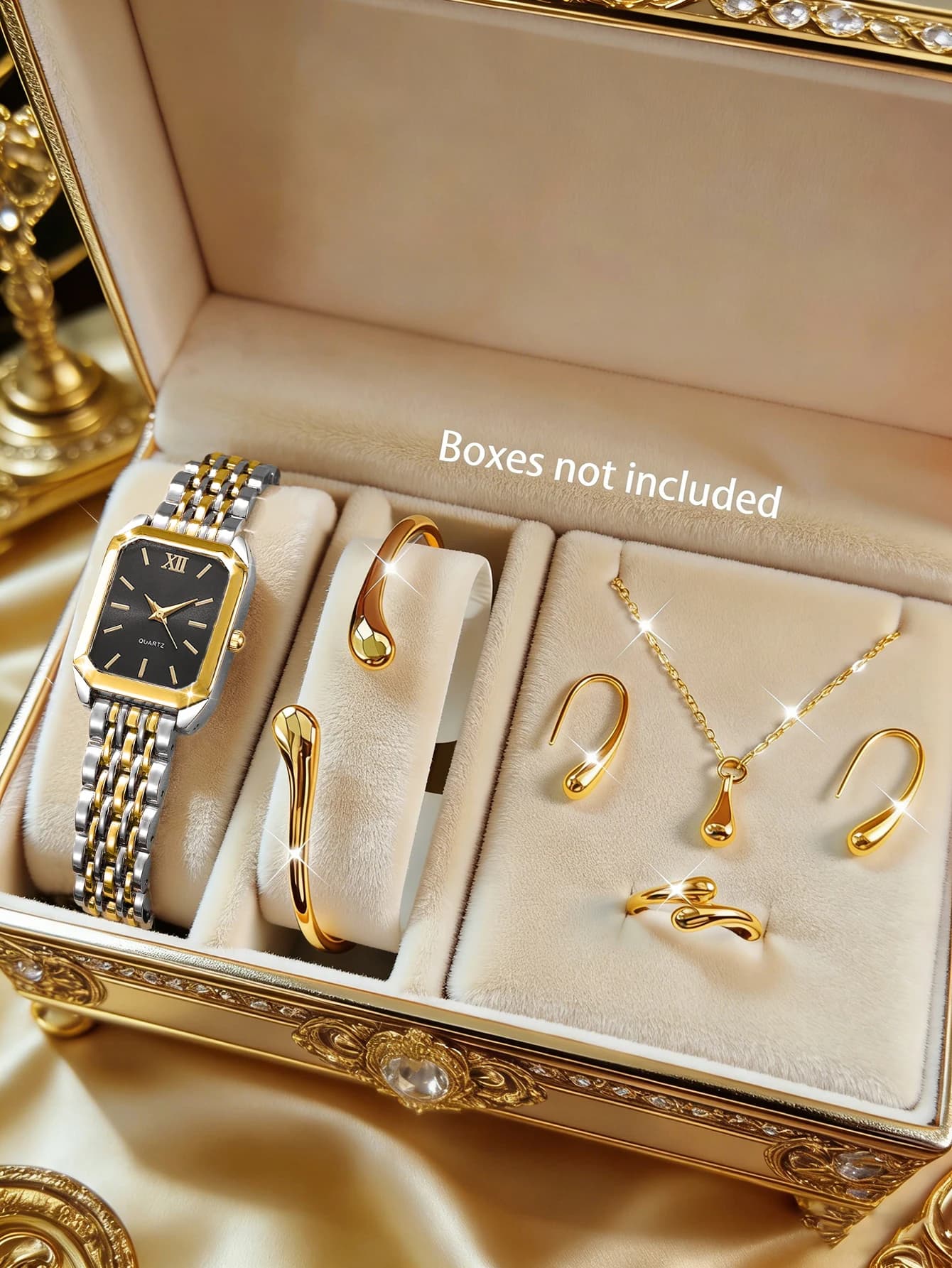 Elegant Women Watch Jewelry 5Pcs Set Square Dial Quartz Watch Gold Jewelry Combo Gift For Her