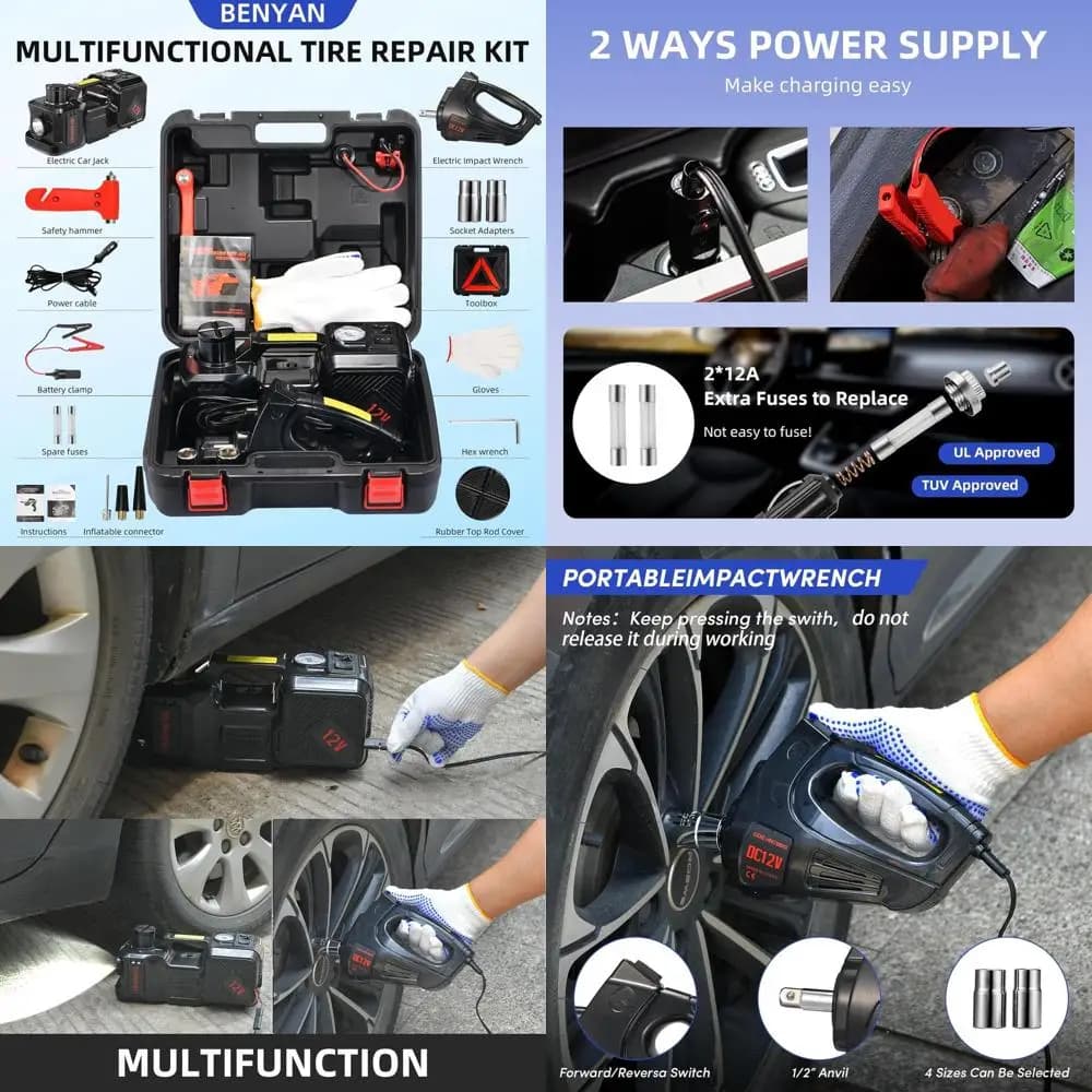 Kit cric da pavimento elettrico da 12 V a 5 tonnellate con gonfiatore e avvitatore a percussione per modifiche di pneumatici per auto, SUV e camion
