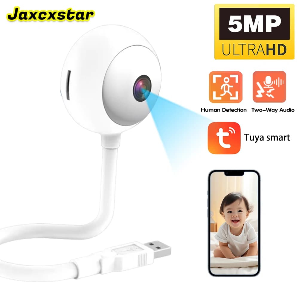 5MP WiFiMini Telecamera Interna 2K Telecamera di Sicurezza per Baby Monitor Spina USB Senza Fili di Sorveglianza IP AI Auto Tracking Babe Cam Tuya