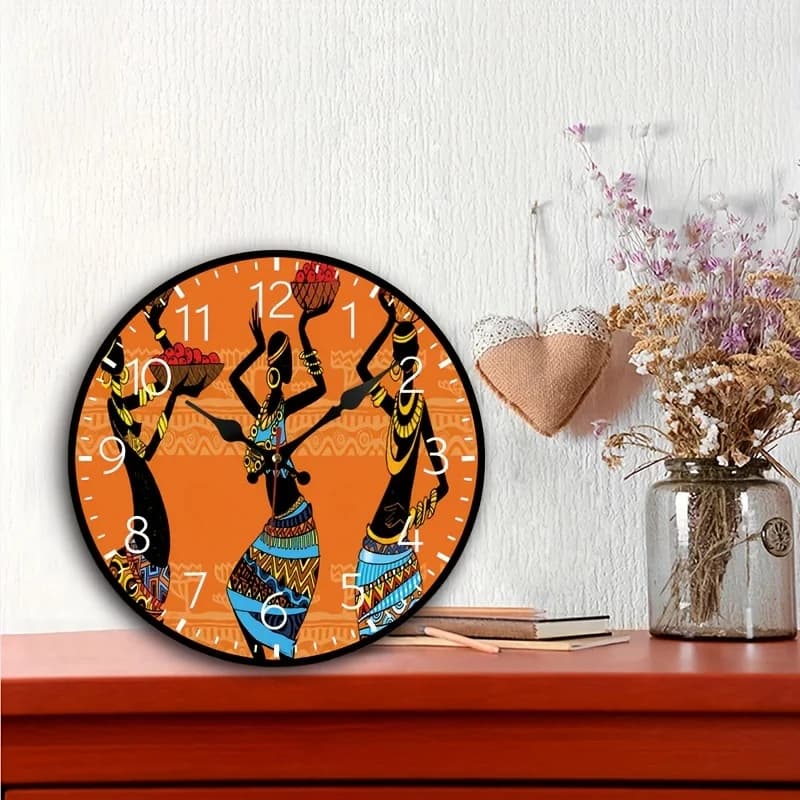 12 inch wooden wall clock with 1 piece African woman design, silent battery operation without ticking, home decoration watch, school,