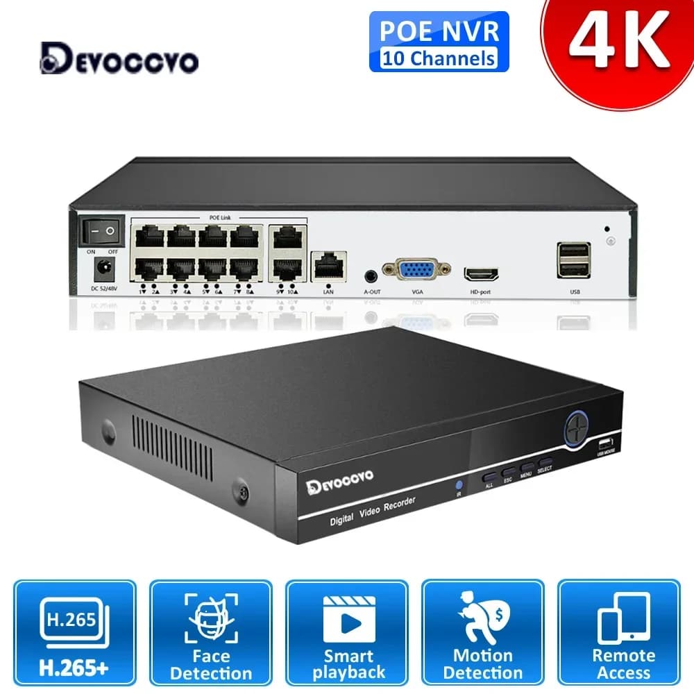 Sistema di sicurezza NVR POE 10CH H.265 4K con rilevamento facciale XMEYE Registratore di sorveglianza di rete CCTV da 8 MP 5 MP per telecamera IP POE da 8 MP
