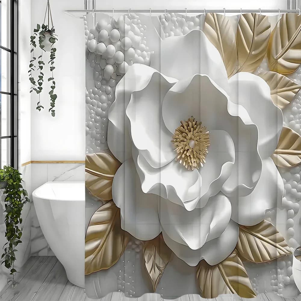 Tenda da doccia creativa con camelia in rilievo, tenda da doccia decorativa per il bagno, tenda da doccia impermeabile con ganci