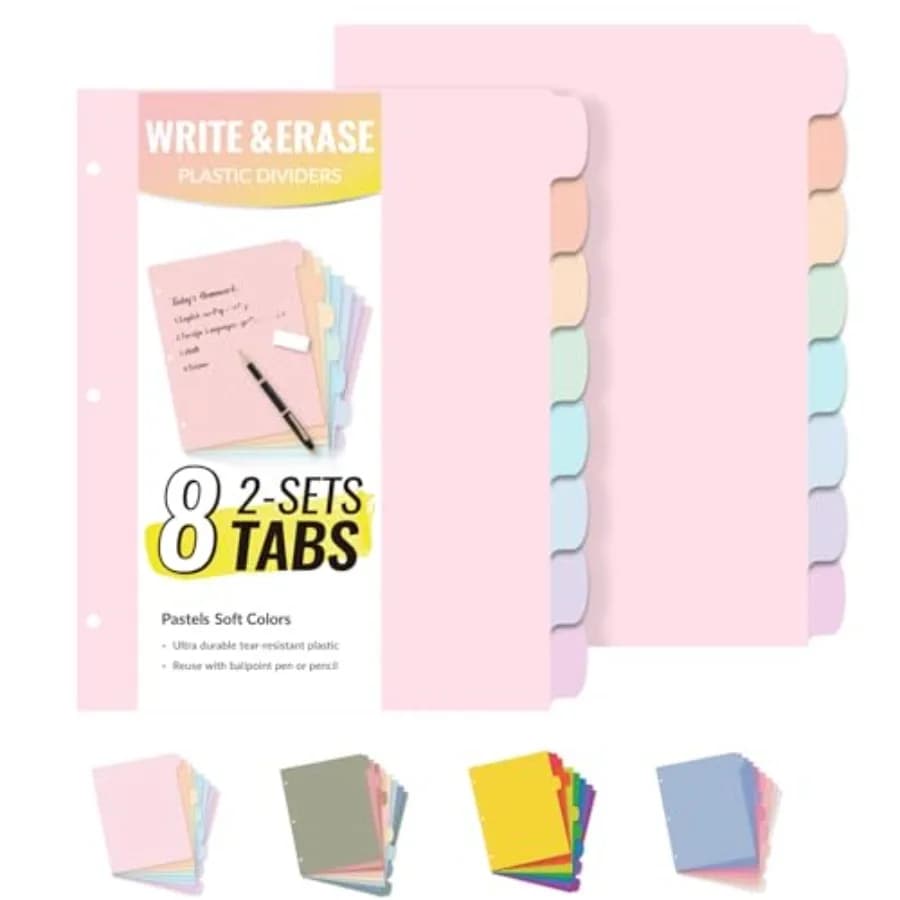 8 Tabs Long-Lasting Plastic Write and Erase Large Tabs Dividers for 3 Ring Binder, Aesthetic Cute Pastels Binder Dividers for S