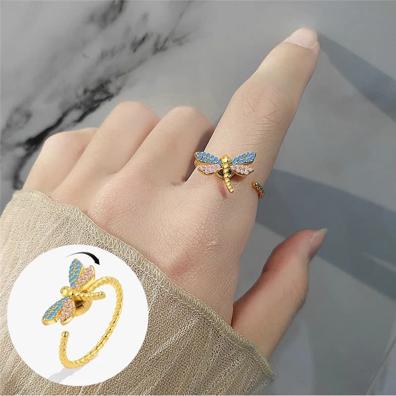 Moda Libellula Rotante Anello Aperto Ragazza Animale Sveglio Cristallo Ansia Fidget Regali Spinner in Metallo Bague Anelli Antistress