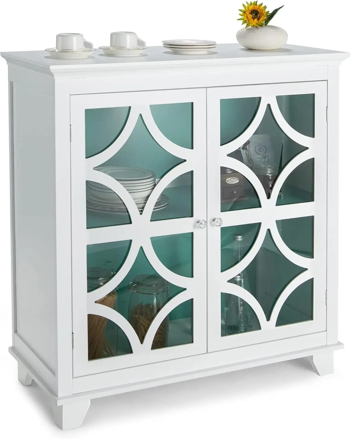 Buffet sideboard, independent kitchen cabinet with adjustable shelf, 2 glass decorative doors, modern f organizer