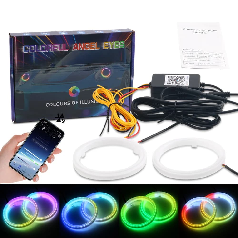2PCS Led Angel Eyes DRL Halo Rings DRL Headlight 60mm 80mm 90mm RGB Cotton 12V 24V APP Bluetooth with direction indicators