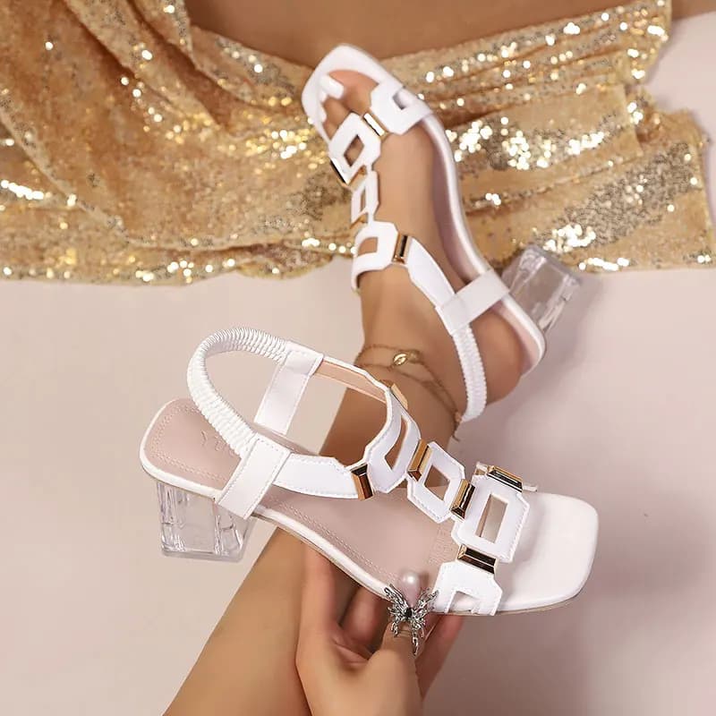 Sandali sexy da donna con tacco alto, cinturino elastico, stile romano, scarpe alla moda con rivetti, tacco alto e spesso, 1 venduto