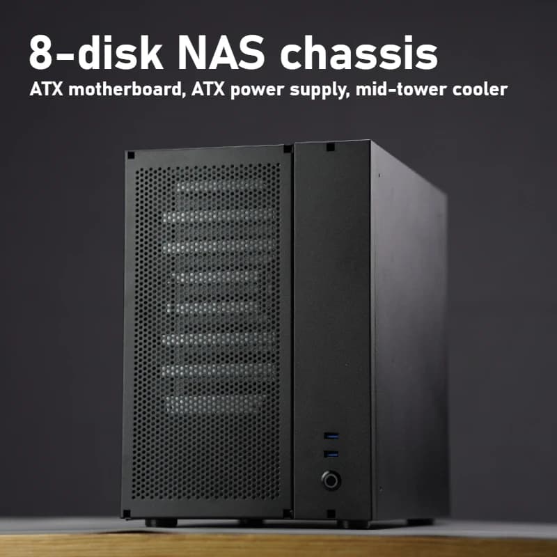 Chassis NAS a 8 alloggiamenti ATX nero Synology Flying Bull, case per hard disk, alimentatore ATX, dissipatore Mid-Tower