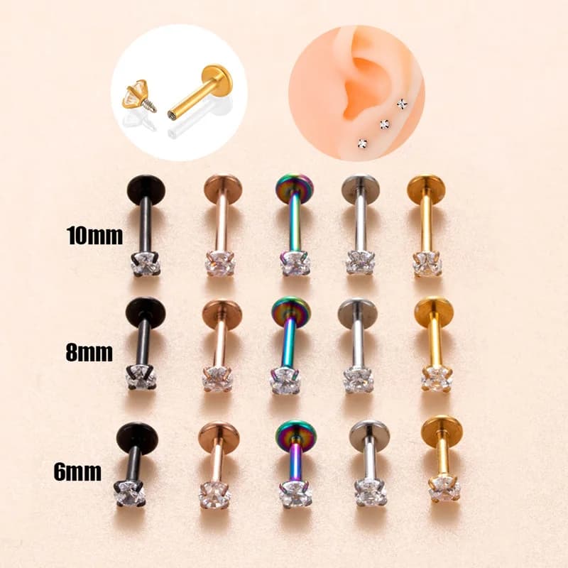 Helix 16G 6/8/10mm pin earring with cubic zirconia, stackable jewel piercing in surgical steel for cartilage, helix, conch, lobe, lip, trago