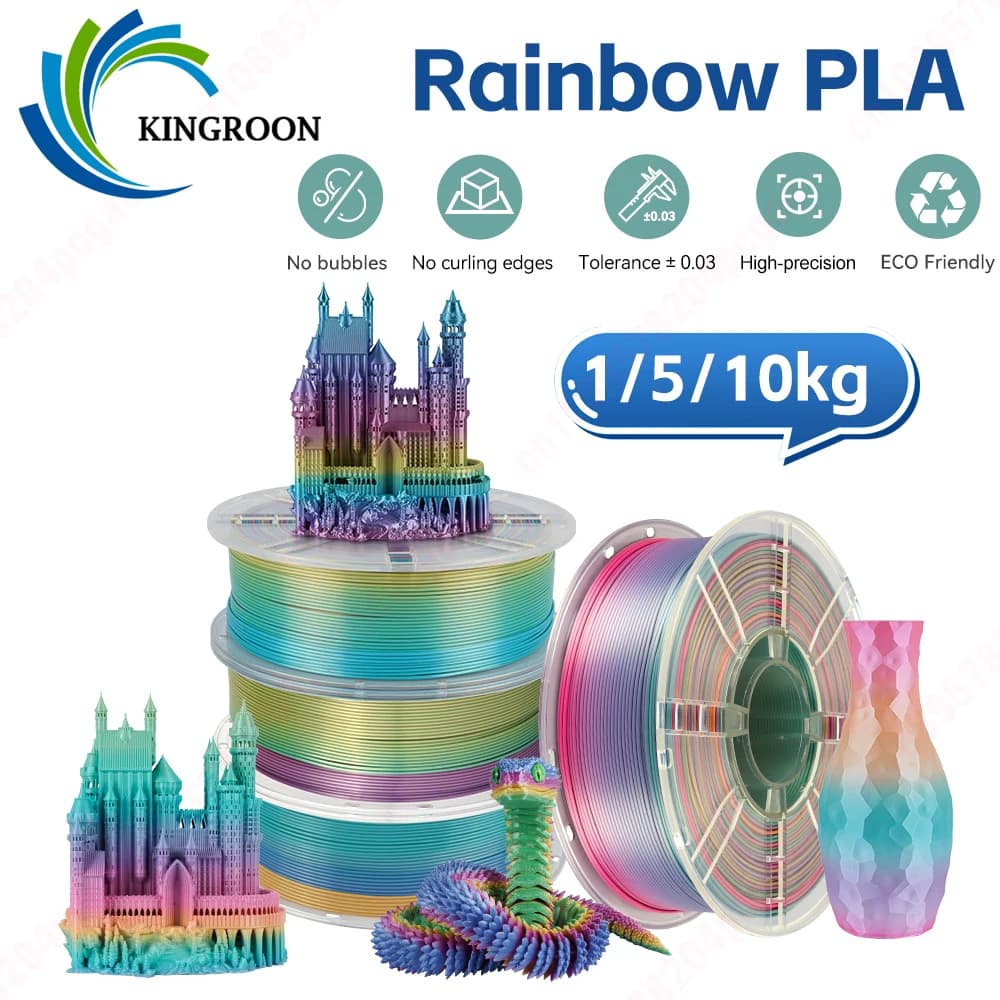 KINGROON PLA Rainbow Silk Filament 1.75mm 1KG/Spool (2.2lbs) 3D Printer Printing Filament Multicolor Gradient Material For FDM 3D Printer