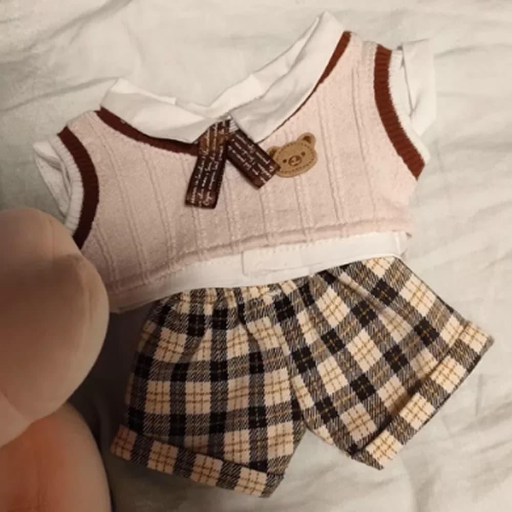 1 set School Uniform 20cm Cotton Doll Clothes Plaid Shorts Knitted Vest Cotton Doll's Clothes Mini Outfit Plush Doll Clothes