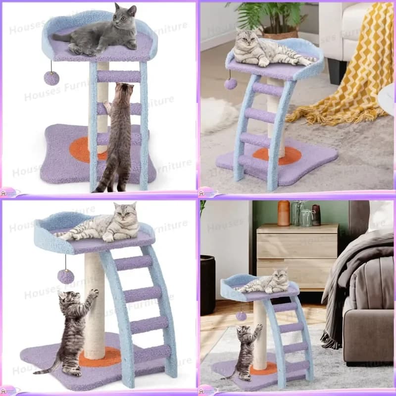 Plush Cat Tower with Ladder Shape Scratching Board Climbing Frame for Cats Indoor Cat Tree Activity Center Playhouse