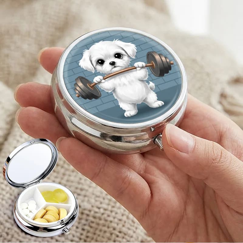 Portable Metal Pill Box, Three-Compartment Design, Compact and Portable, White Puppy Fitness Pattern, Easy to Carry, Daily Supplement Pill Box, Can Be Placed in Pocket or Wallet. Fun Dog-Shaped Design, Durable and Unique, Ideal Gift for Fitness Enthusiasts, Mini Pill Box.