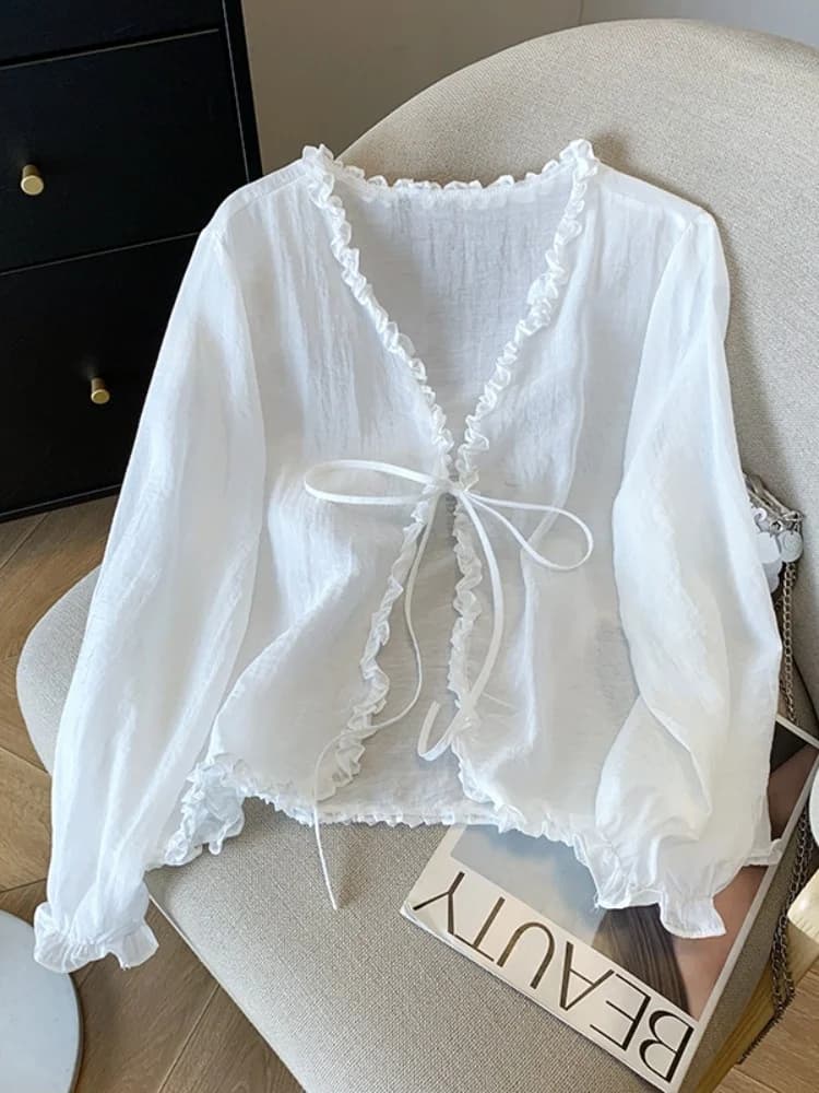 Giacca estiva bianca in chiffon sottile per protezione solare, cardigan da donna senza maniche con scollo a V, stile dolce a maniche corte