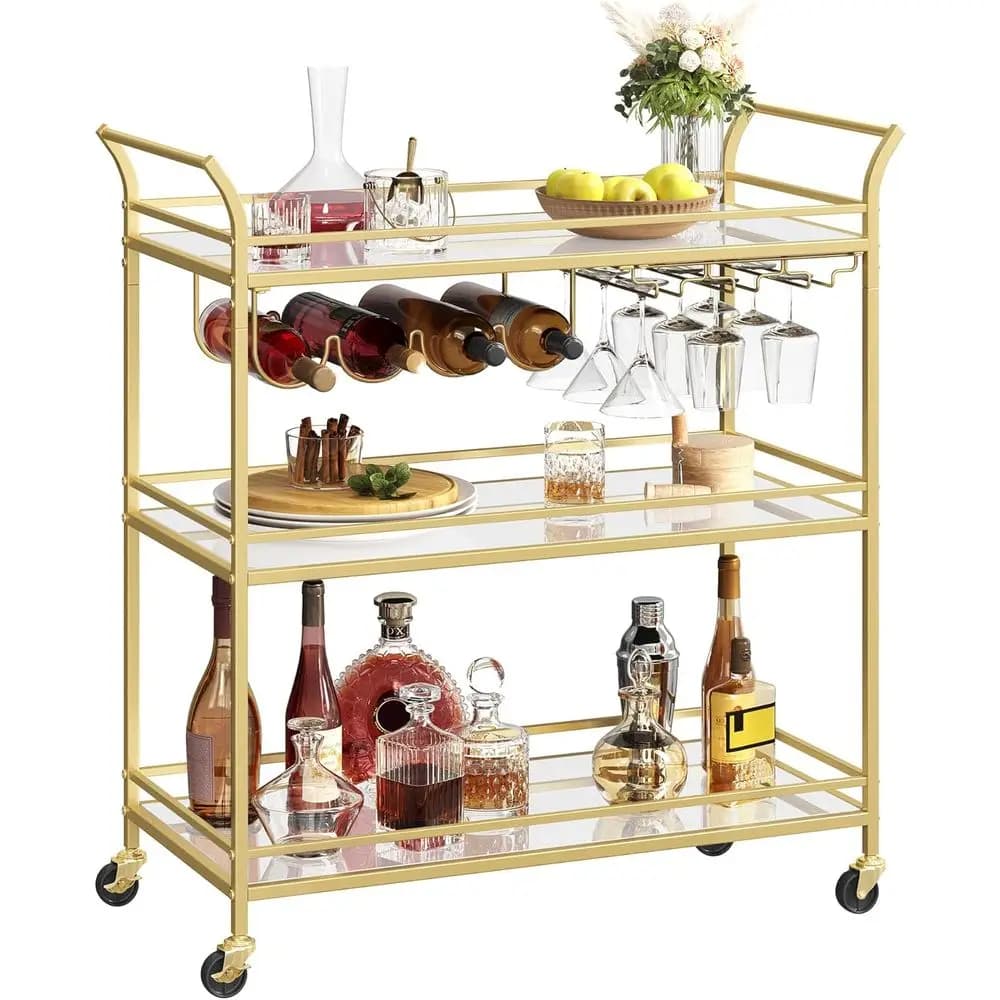 Elegante Carrello Bar Dorato a 3 Ripiani con Specchio, Portabottiglie e Portabicchieri, 15x33.9x35.4 Pollici
