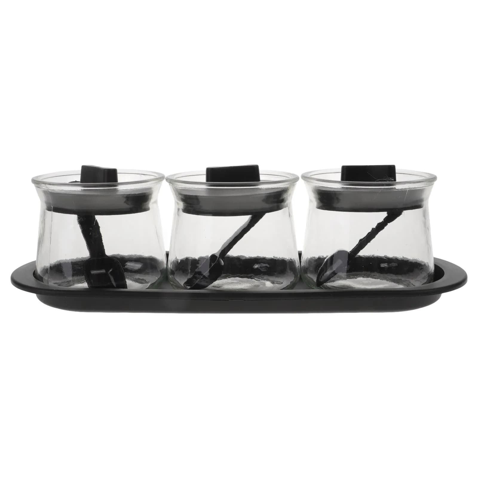 Set di 3 barattoli per condimenti, bottiglie per spezie in vetro trasparente, vassoio con coperchio, contenitore per condimenti da cucina lavabile, per riporre sul piano di lavoro