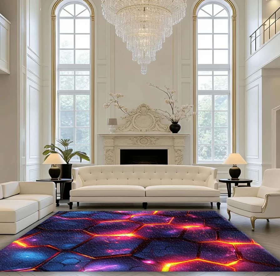 Neon Hexagon Area Rug Blue Orange Glowing Geometric Non‑Slip Carpet Floor Mat for Living Room Bedroom Home Decor