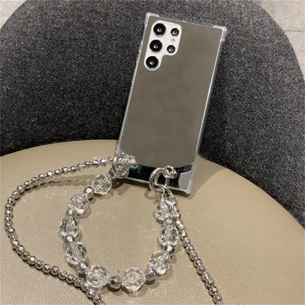Luxury Korean Lanyard Crystal Beads Bracelets Chain Makeup Mirror Shockproof Case for Samsung S26 S24 S25 S23 S22 Ultra S21 Plus