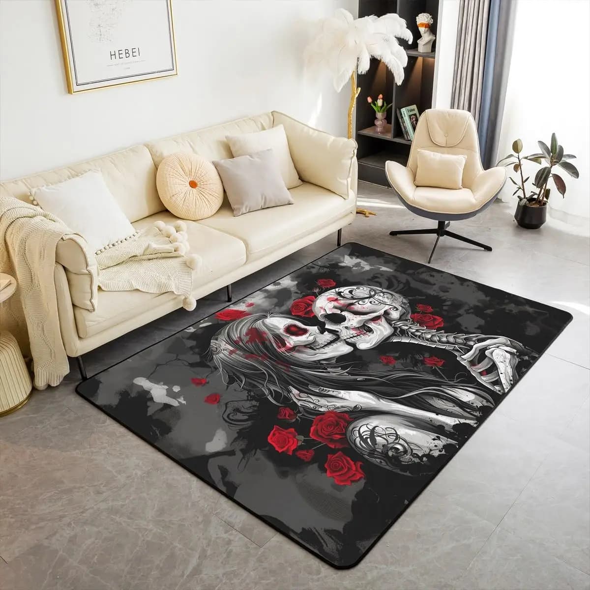 Vikama Halloween Teschio gotico Coppia Area Tappeto Rosa rossa Scheletro Ossa Tappetino interno antiscivolo Soggiorno Camera da letto Decorazioni per la casa