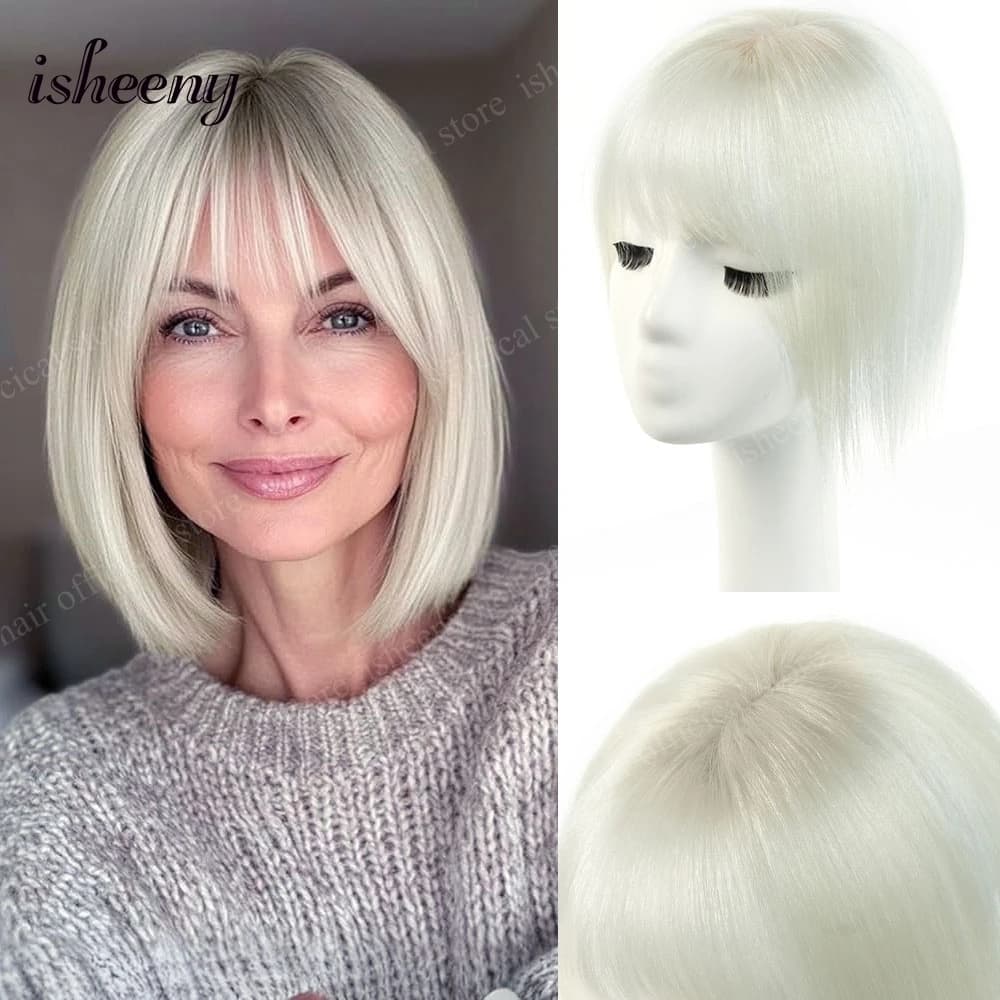 Isheeny 5x9cm Human Hair Toppers for Women Thin Clip-In Topper with 3D 360° Coverage Air Bangs Fringe Hairpieces 8inch-14inch