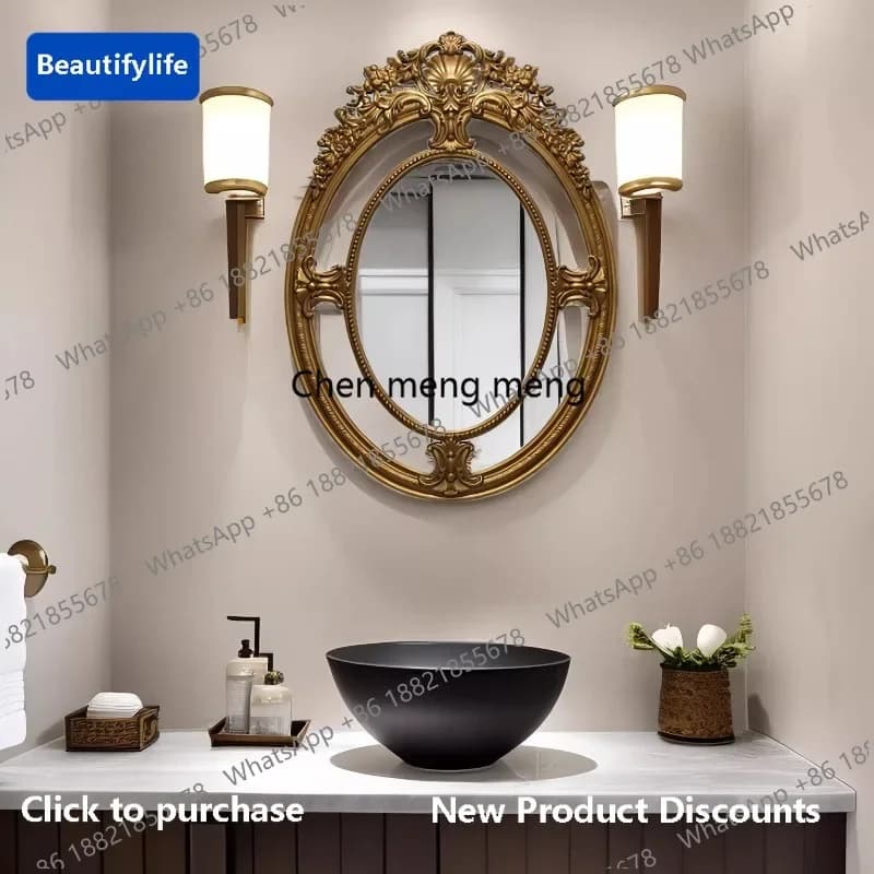 CC 45French retro bathroom vanity mirror classical solid wood decorative mirror wall hanging vanity mirror engraving