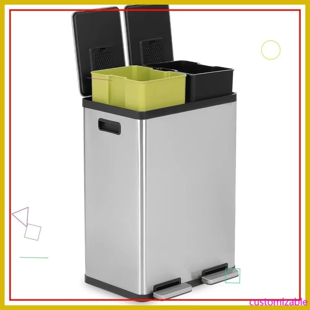 Cestino per Rifiuti a Doppio Scomparto da 60L con Coperchio a Chiusura Morbida, Bidone per Riciclaggio in Acciaio Inox Spazzolato per Cucina