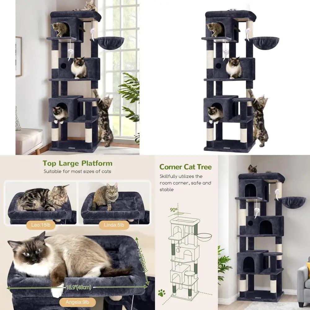 66 Albero per gatti da interno multilivello con piattaforma grande, 3 grotte, grigio scuro per gatti multipli