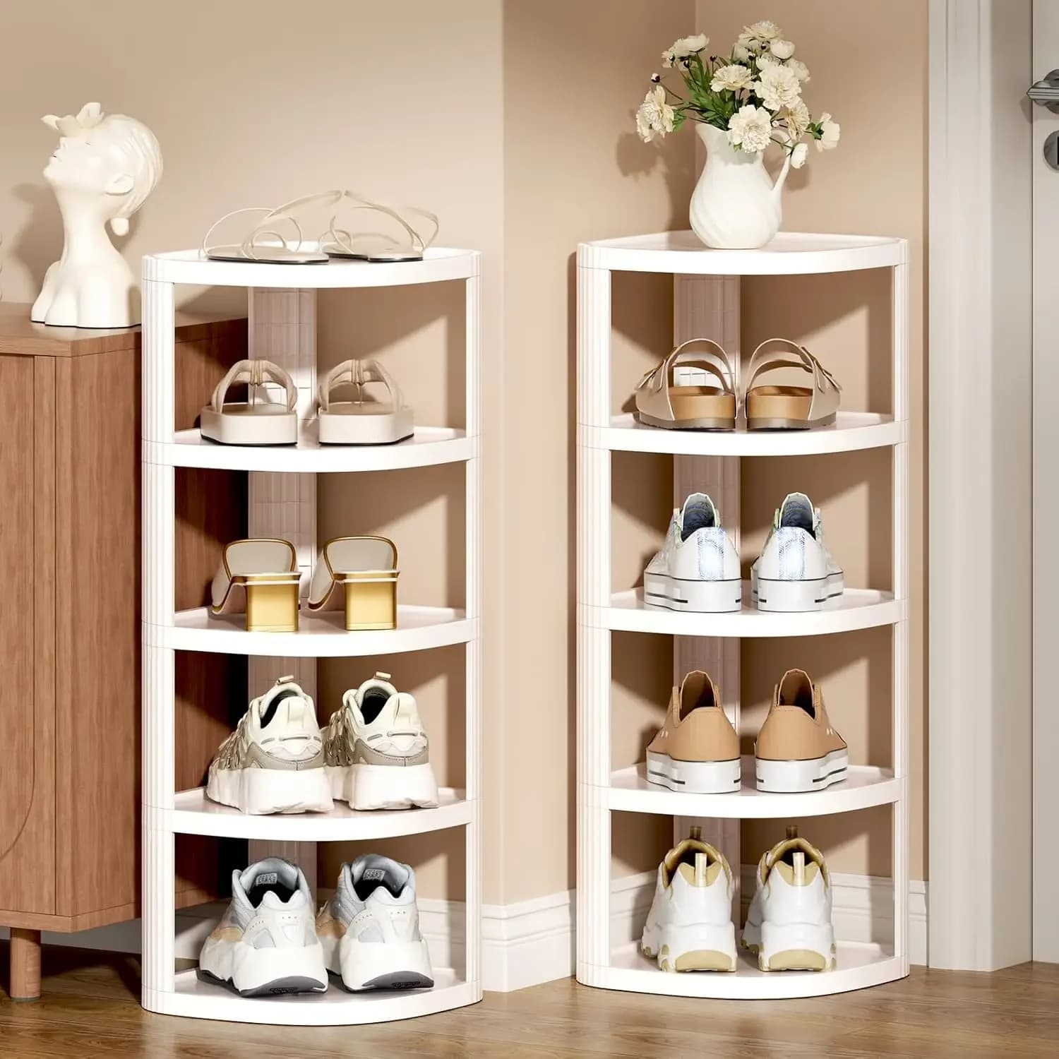 10 Tier Vertical Shoe Rack, Stackable Narrow Shoe Rack Organizer for Entryway Closet Corner, Free Standing Shoe Rack Tower Shelf, Space Saving, Curved, Off White