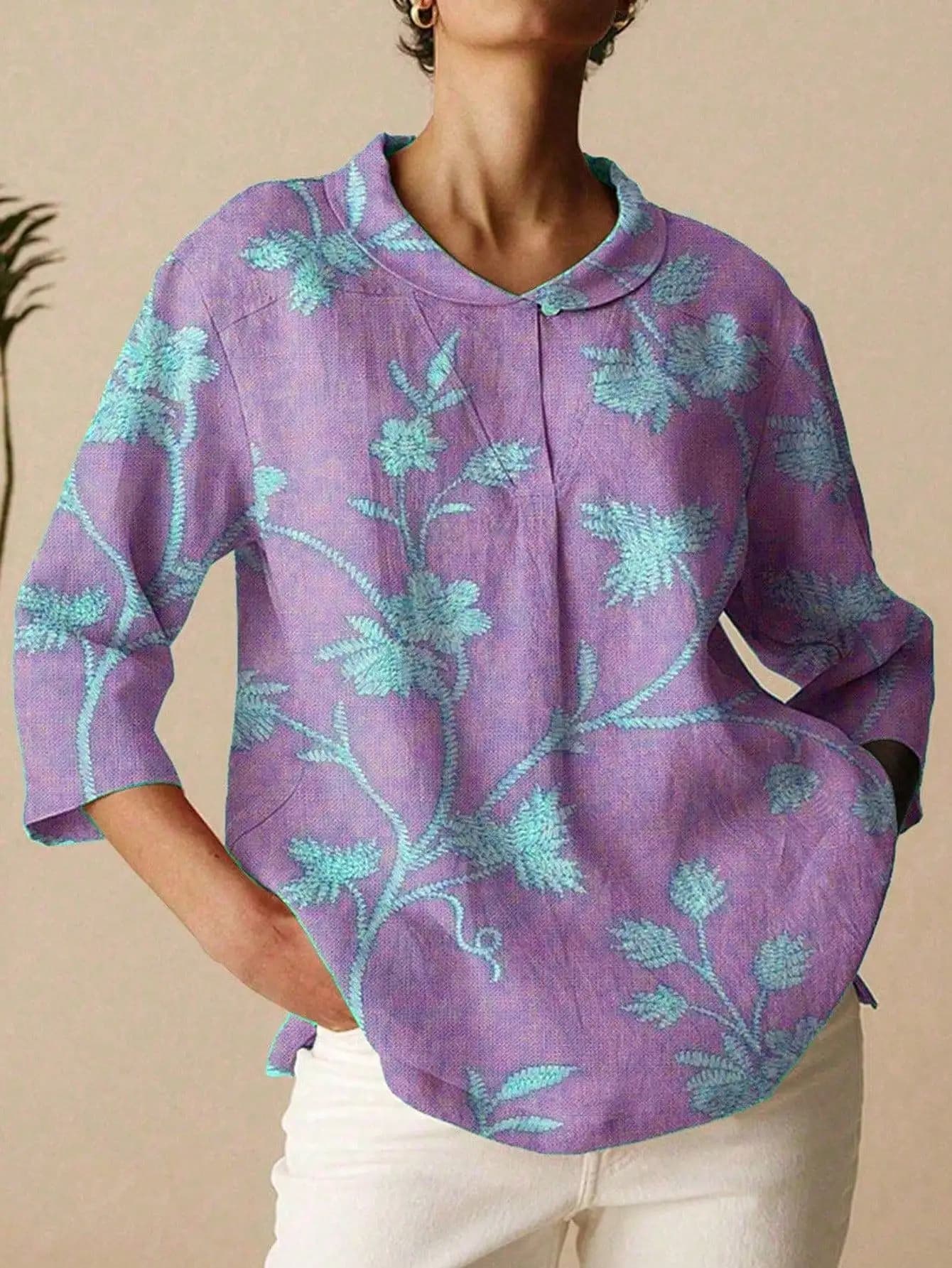 Women's Retro Floral Imitation Embroidery Print Casual Three-Quarter Sleeve Blouse - Imitation Embroidery Print