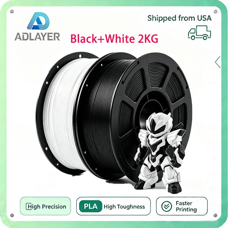Adlayer High Speed PLA Filament 1.75mm, Black+White 2KG for 3D Printing ±0.02mm Accuracy 3D Printer PLA Filament Fits FDM Printers
