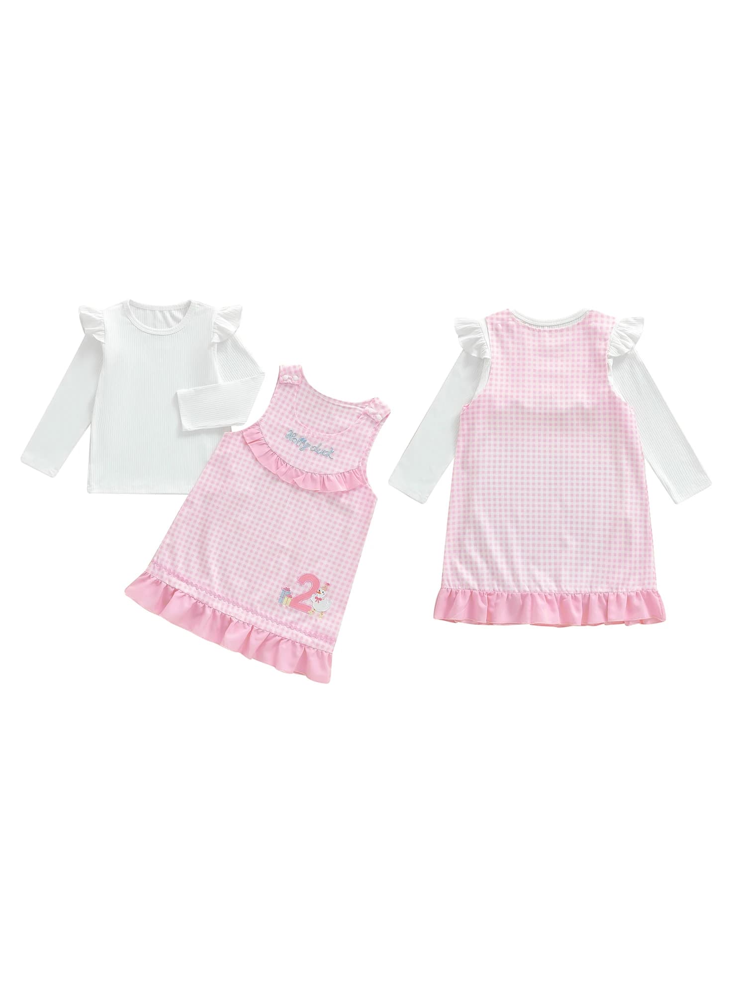 Set da 2 pezzi per ragazze, top girocollo a maniche lunghe con abito generale in denim, completo di compleanno per bambini