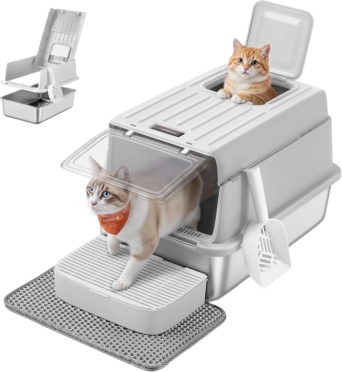 Stainless Steel Cat Beds with Removable Cover, Carpet, 2 Doors, Gym, for Cats up to 15 kg, Light Grey