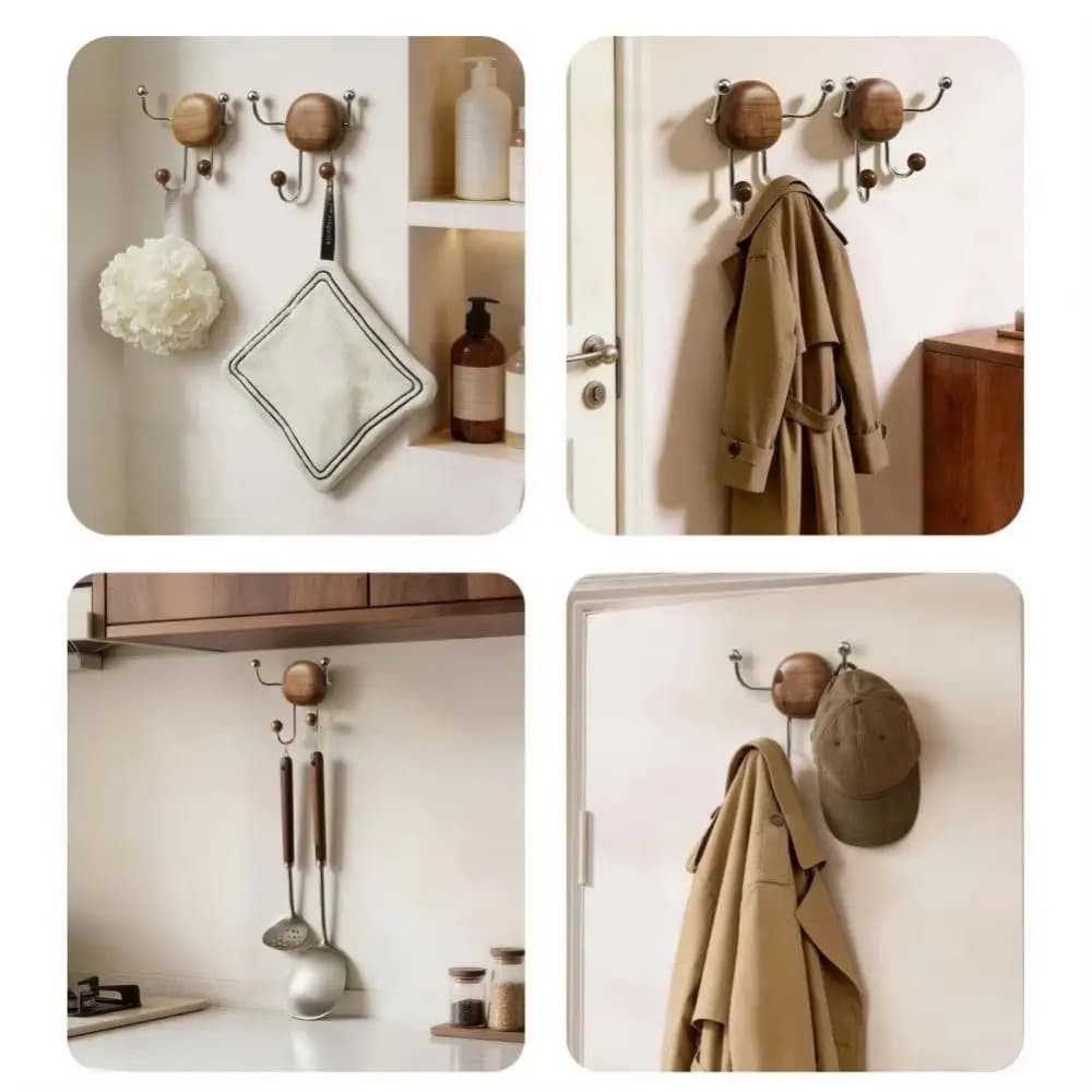 Gancio a ventosa rimovibile in legno con 4 ganci in acciaio inossidabile, senza tracce, senza foratura, appendiabiti da parete per l'ingresso