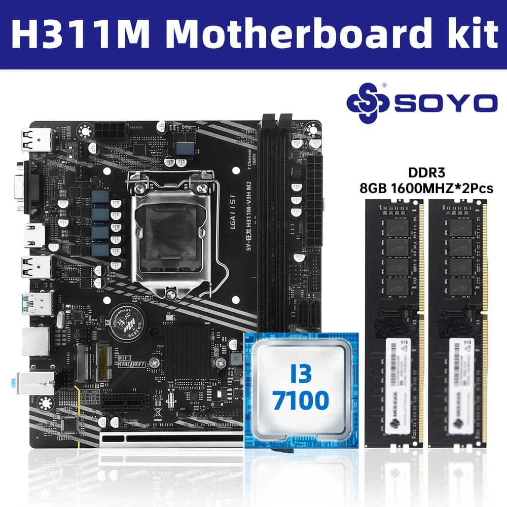SOYO H311M Scheda Madre per Gaming con CPU i3 7100, 16G (8G*2) RAM, TPM2.0, Set Combo per Computer Desktop da Ufficio, PCIE3.0X16, HDMI, VGA, USB