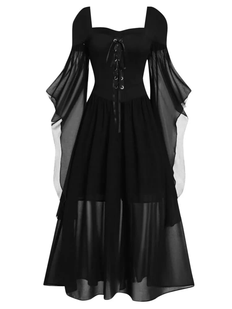 Costumi cosplay di streghe di Halloween Abiti maxi con lacci con spalle scoperte gotiche Fasciatura in rete trasparente Abito da festa lungo nero per le donne
