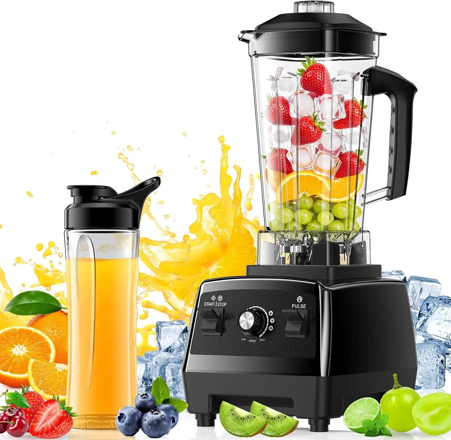 Frullatore da 68 Oz con Estrattore da 20 Oz per Frullati, Ghiaccio Tritato e Frutta Congelata, Colore Nero