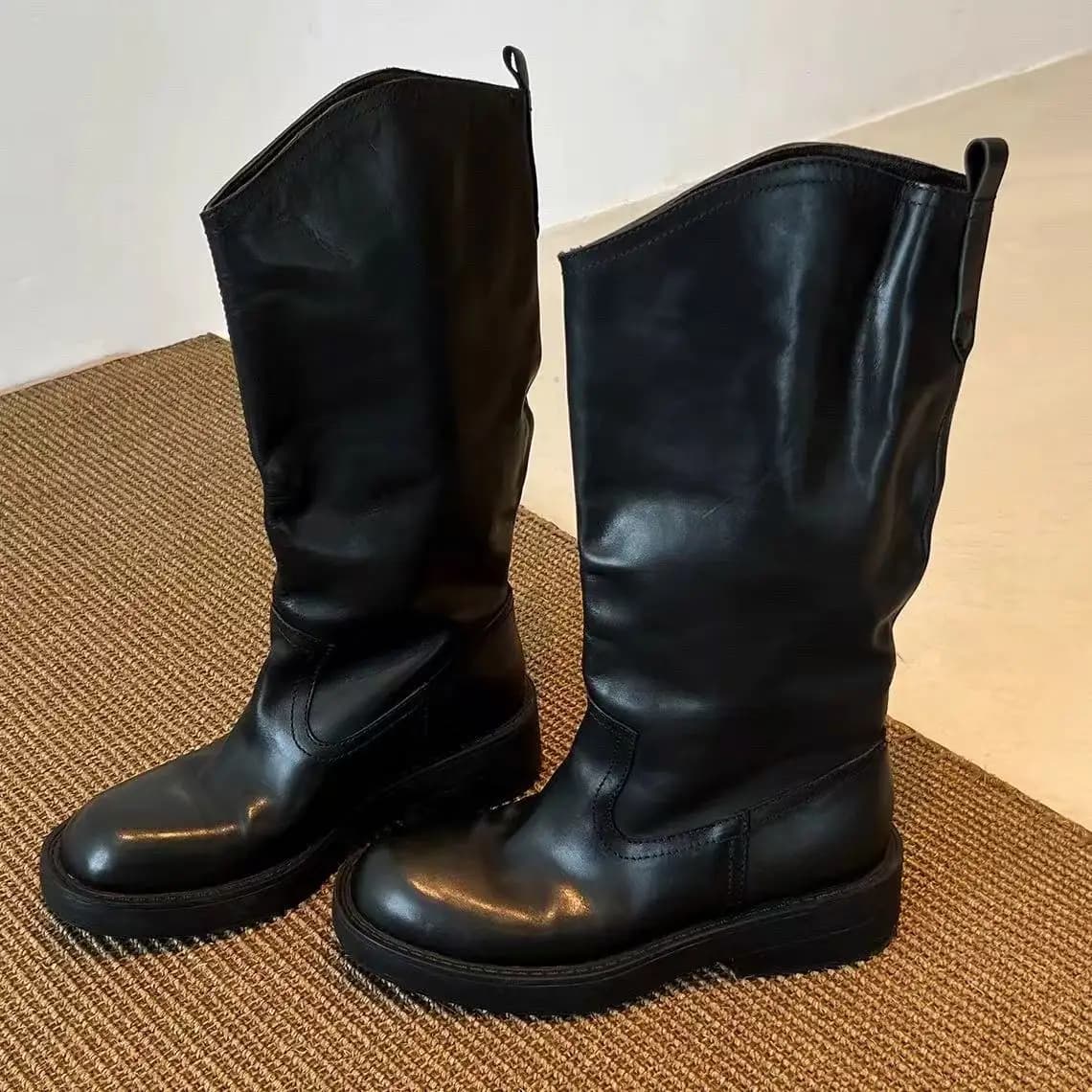 Stivali da cavaliere da donna con fibbia per cintura Stivali alti Casual Punta tonda Suola in gomma antiscivolo Foderata in pelle Moda invernale