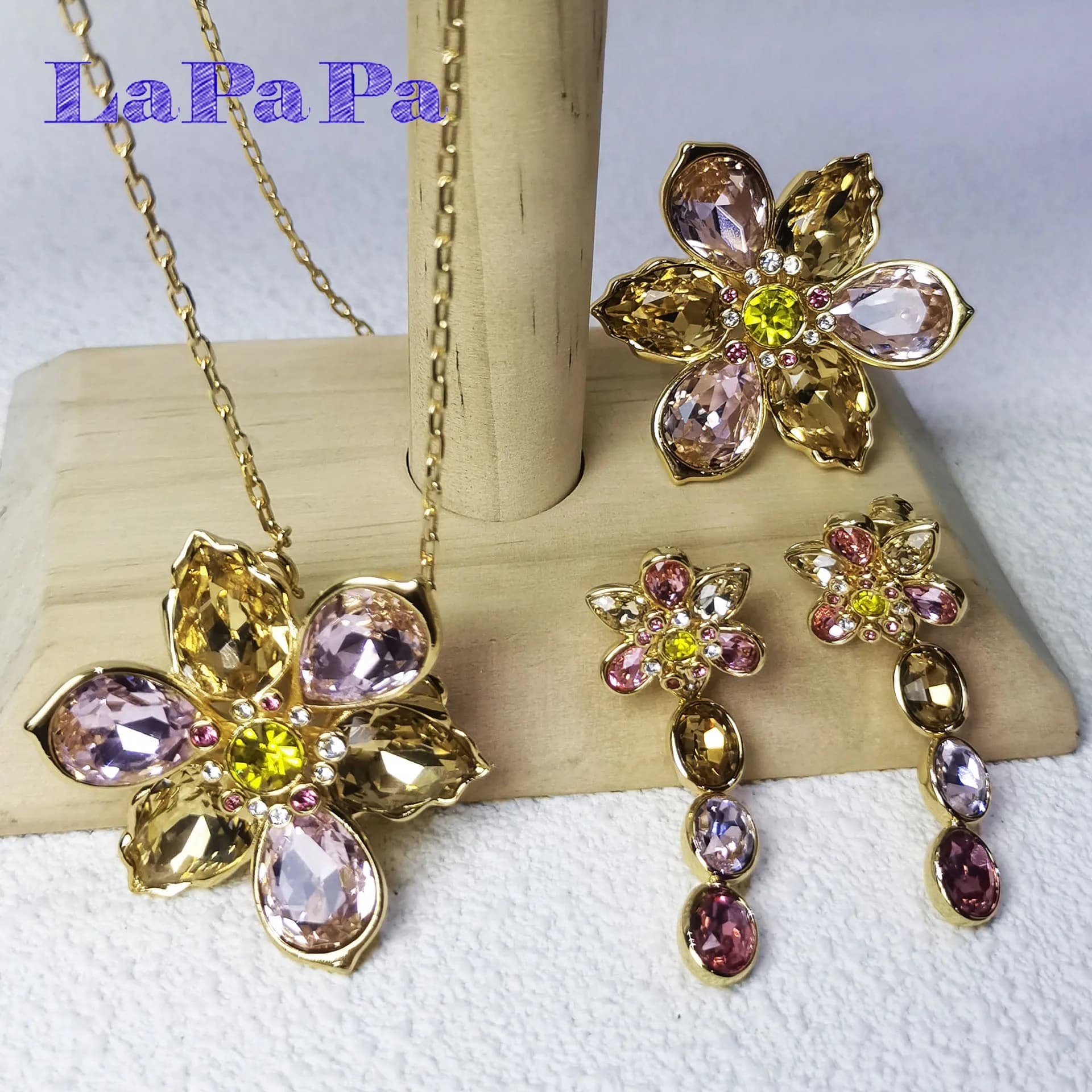 Luxury Pink Crystal Flower Collection Necklace Earring Bracelet Ring Fashion Stainless Steel for Women Jewelry Set Romantic Gift