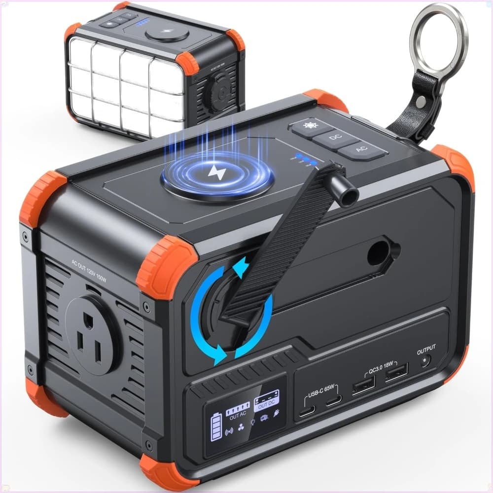 Centrale Elettrica Portatile 153Wh, Generatore Solare Compatto con Manovella, Caricatore 120V 150W per Campeggio, Viaggi e Backup Domestico