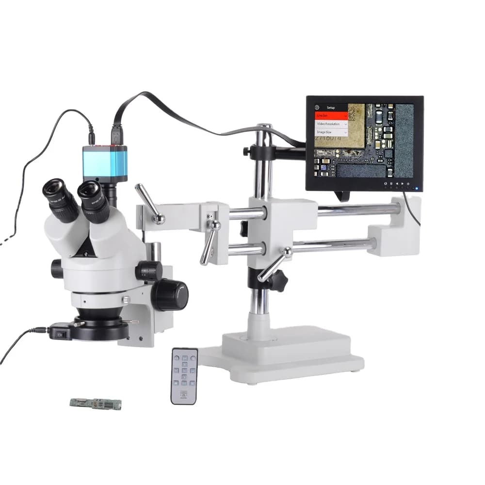 Microscopio stereo trinoculare con zoom per montaggio su pilastro da tavolo 7X-45X Ispeziona PCB Fotocamera per microscopio da 14 MP + LCD da 8 ''