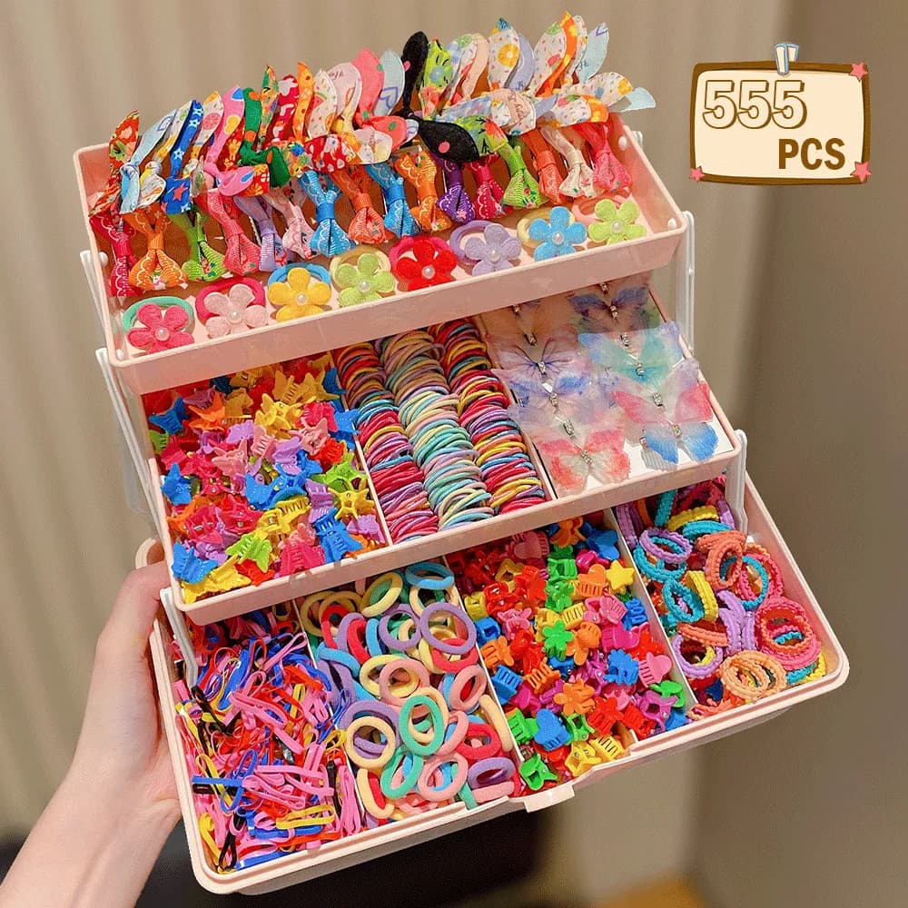 555 pieces Set of hair accessories for girls Colorful butterflies Fashionable hair clips tie elastic bands for the daily fixing of the horsetail