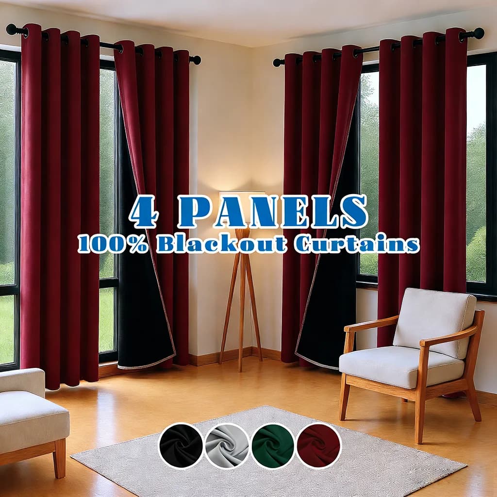 100% Dark Curtains with 4 Panels, Thermal, Soundproof, for Privacy, for Living Room, Bedroom, Office, Balcony, Christmas Decorations