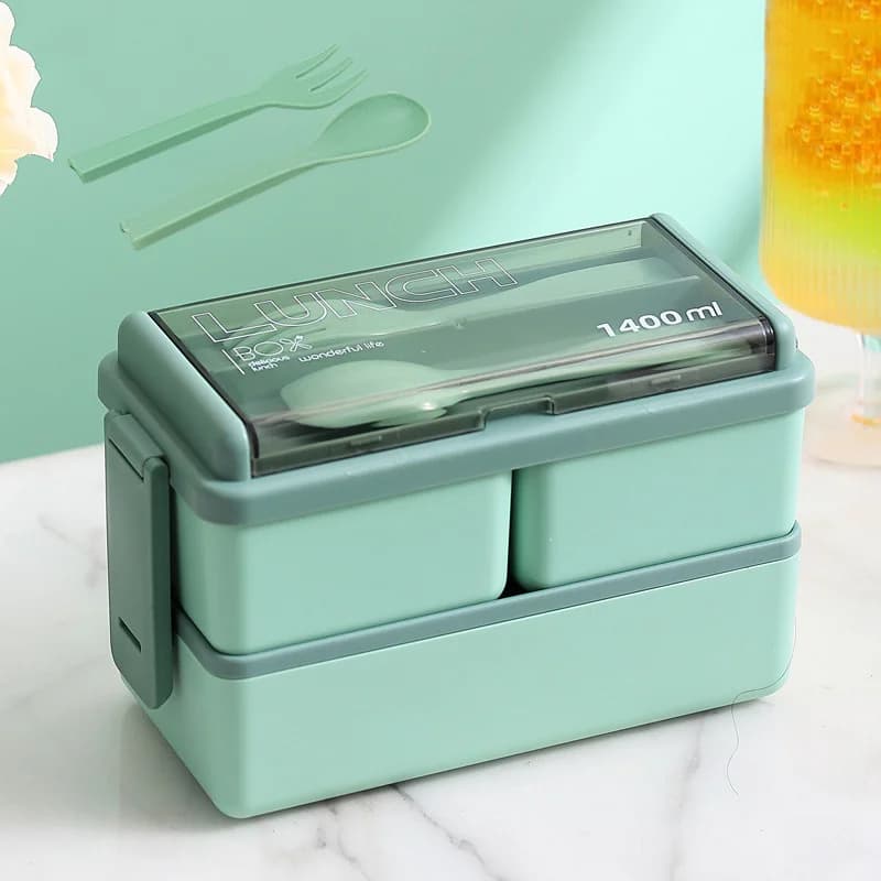 1Set Lunch Box portatile a doppio strato per bambini con forchetta e cucchiaio Bento Box per microonde Set di stoviglie contenitore per alimenti