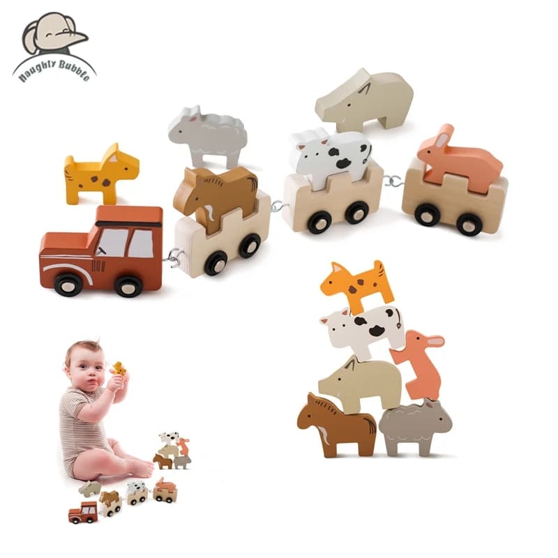 Treno in legno fattoria giocattolo giocattoli Montessori giocattoli educativi per bambini animali da fattoria mettere Bu ilding Blocks decorazione della stanza del bambino regali per bambini