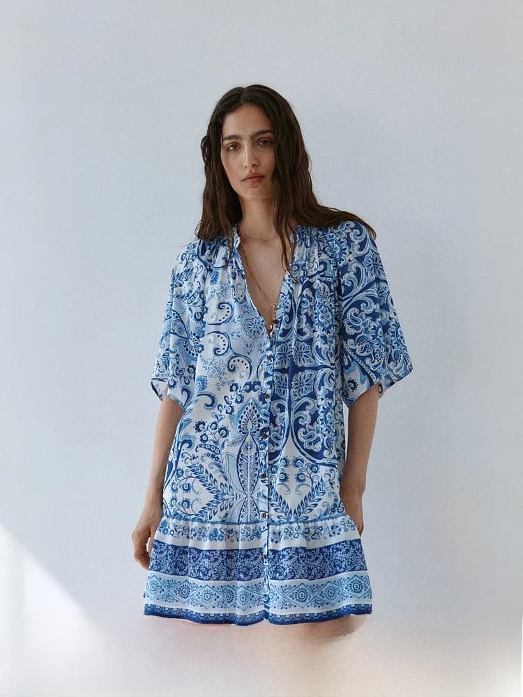 Abito chemisier da donna H&M, stile casual, estivo 2026, per vacanze, con cintura in vita, in misto cotone, a maniche corte, vestito aderente