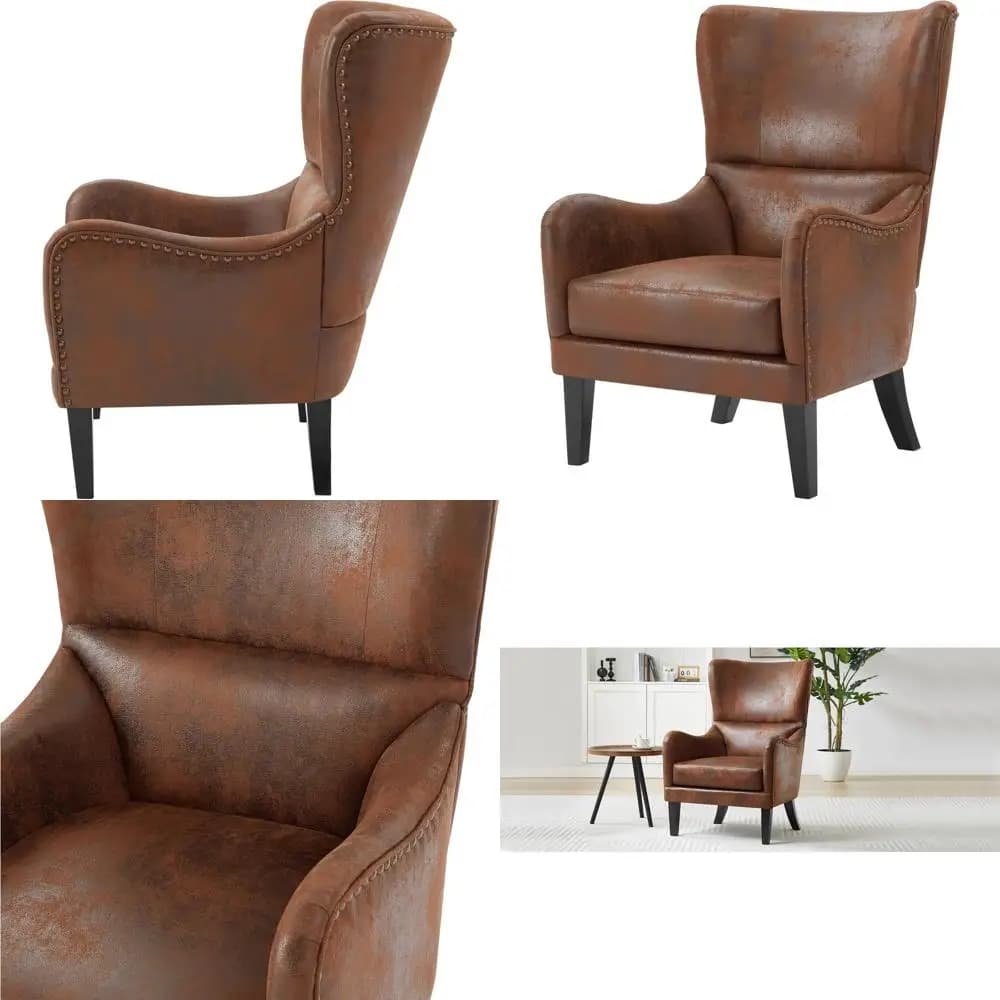 Century Style Wingback armchair with cushion: Lounge chair in Brown Wood for Reading and Relaxing in Living Room