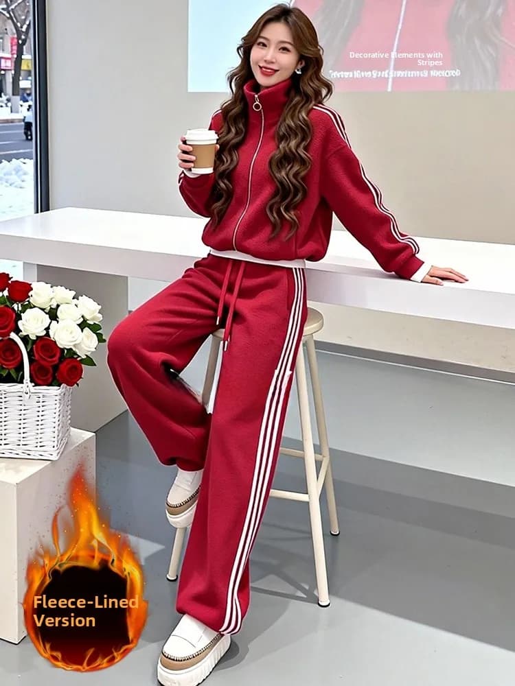 Winter Casual Sportswear Set Women's Fleece Lined Fashionable Red Jacket Top Wide Leg Pants Two Piece Set Comfortable Fit